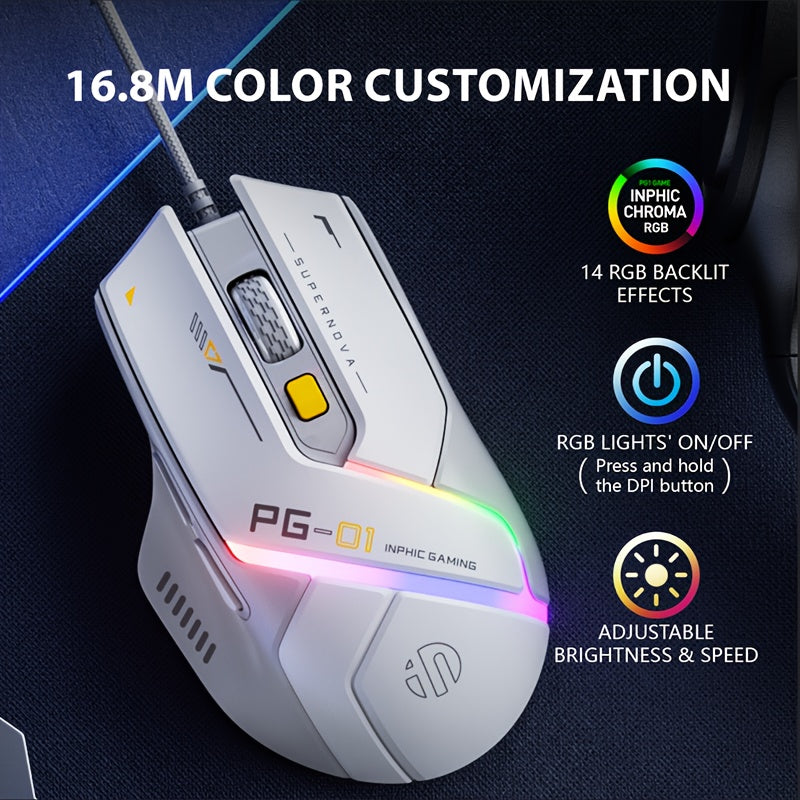 1pc INPHIC PG1 Wired Gaming Mouse, Ergonomic Design, Macro Programming,