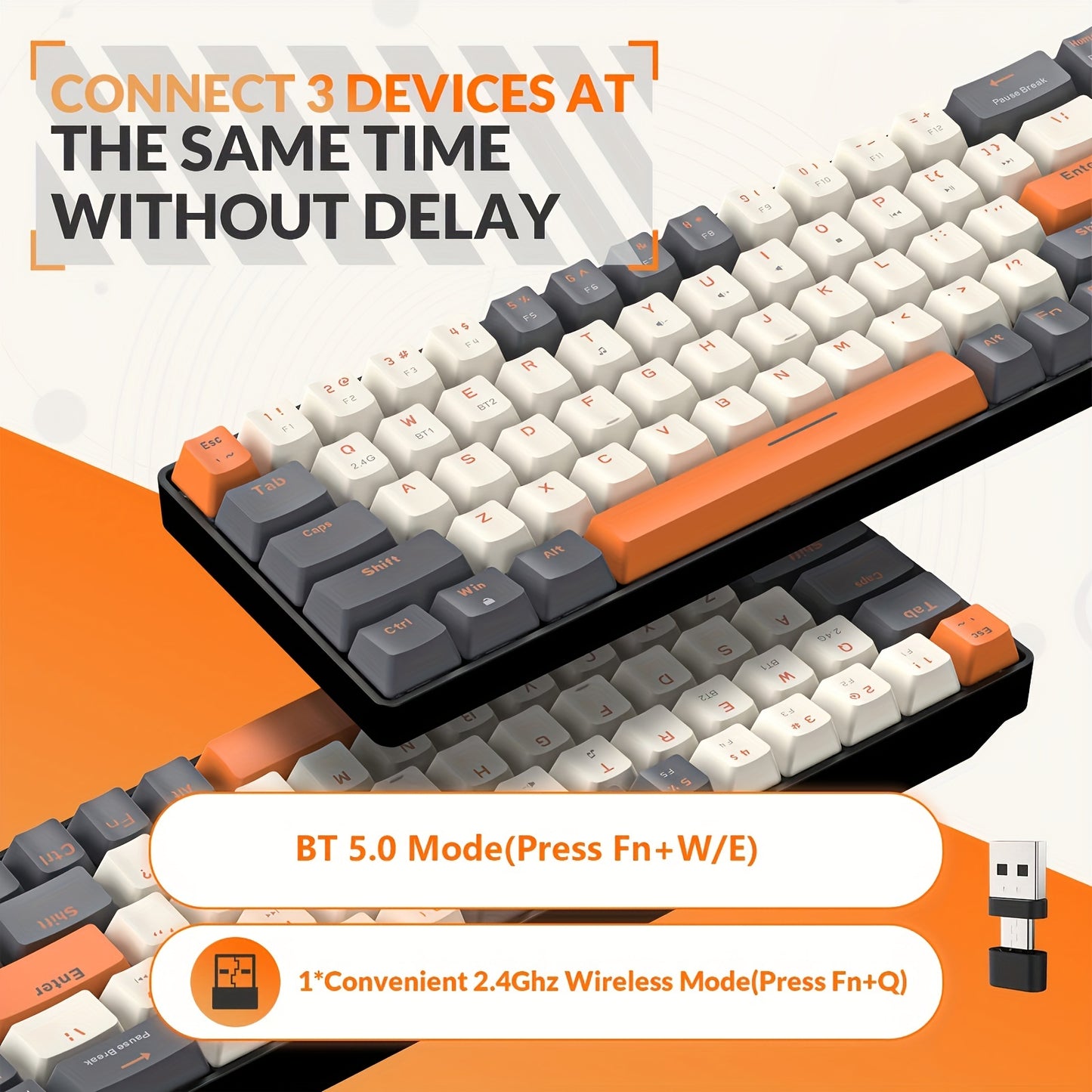 K68 60% Wireless Mechanical Keyboard, BT 5.0/2.4GHz with Dual Mode 2-in-1 Receiver