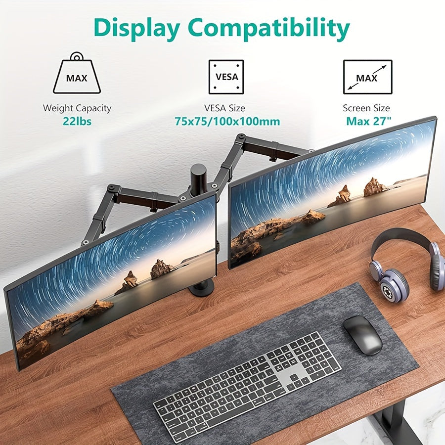 Adjustable Dual Monitor Stand with Tilt & Swivel - Iron Desk Mount for Two 33.02-81.28 cm Screens,