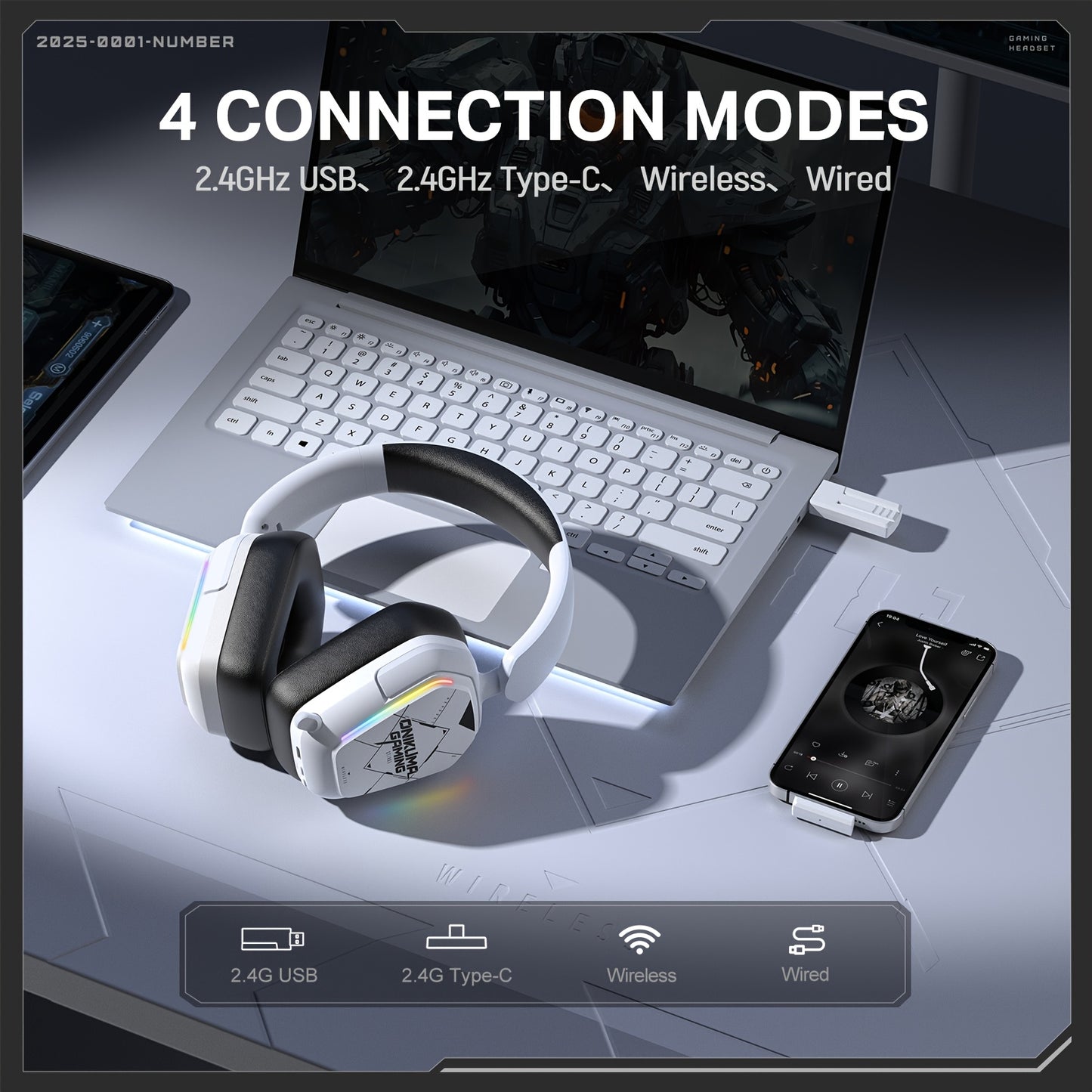 ONIKUMA Gaming Headset with Noise Cancelling Mic, 4-in-1 Wireless/-Free Mode (USB-C/Wireless/2.4G)