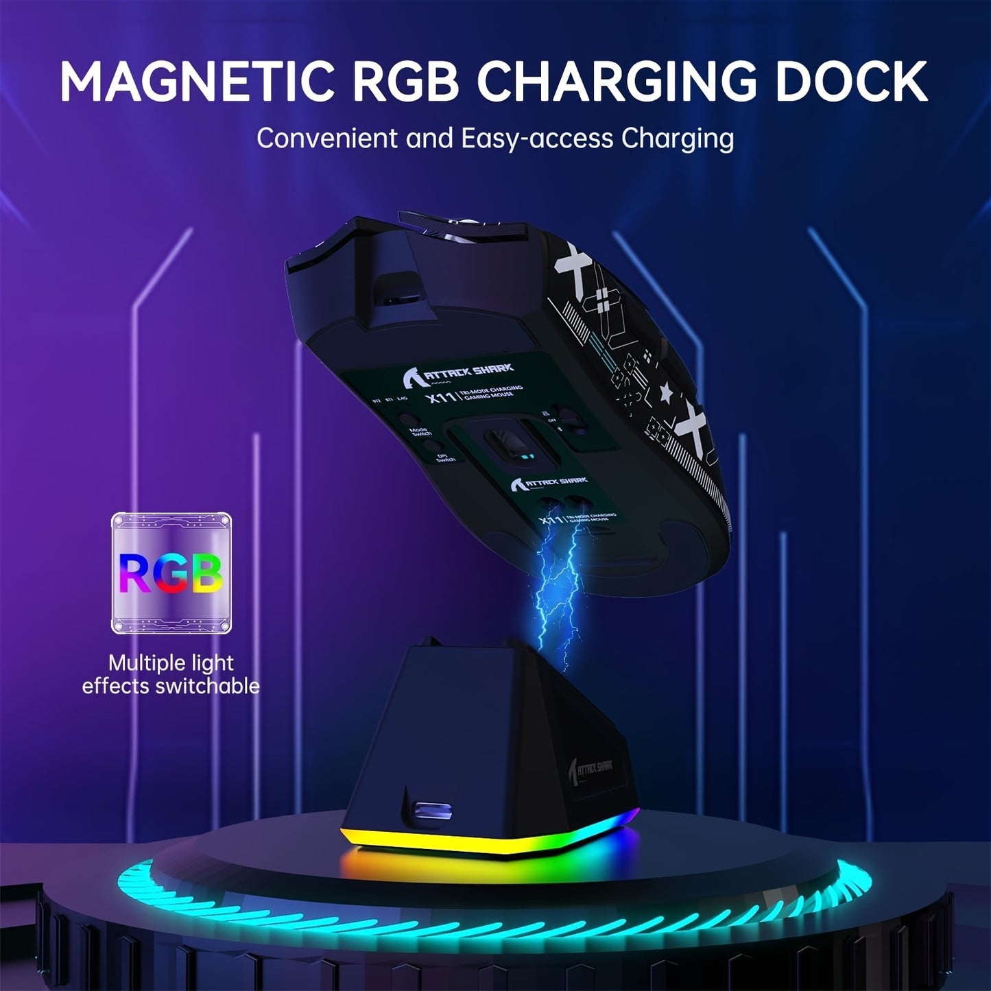 ATTACK SHARK X11 Wireless Gaming Mouse with RGB Magnetic Charging Dock, PixArt PAW3311 Sensor