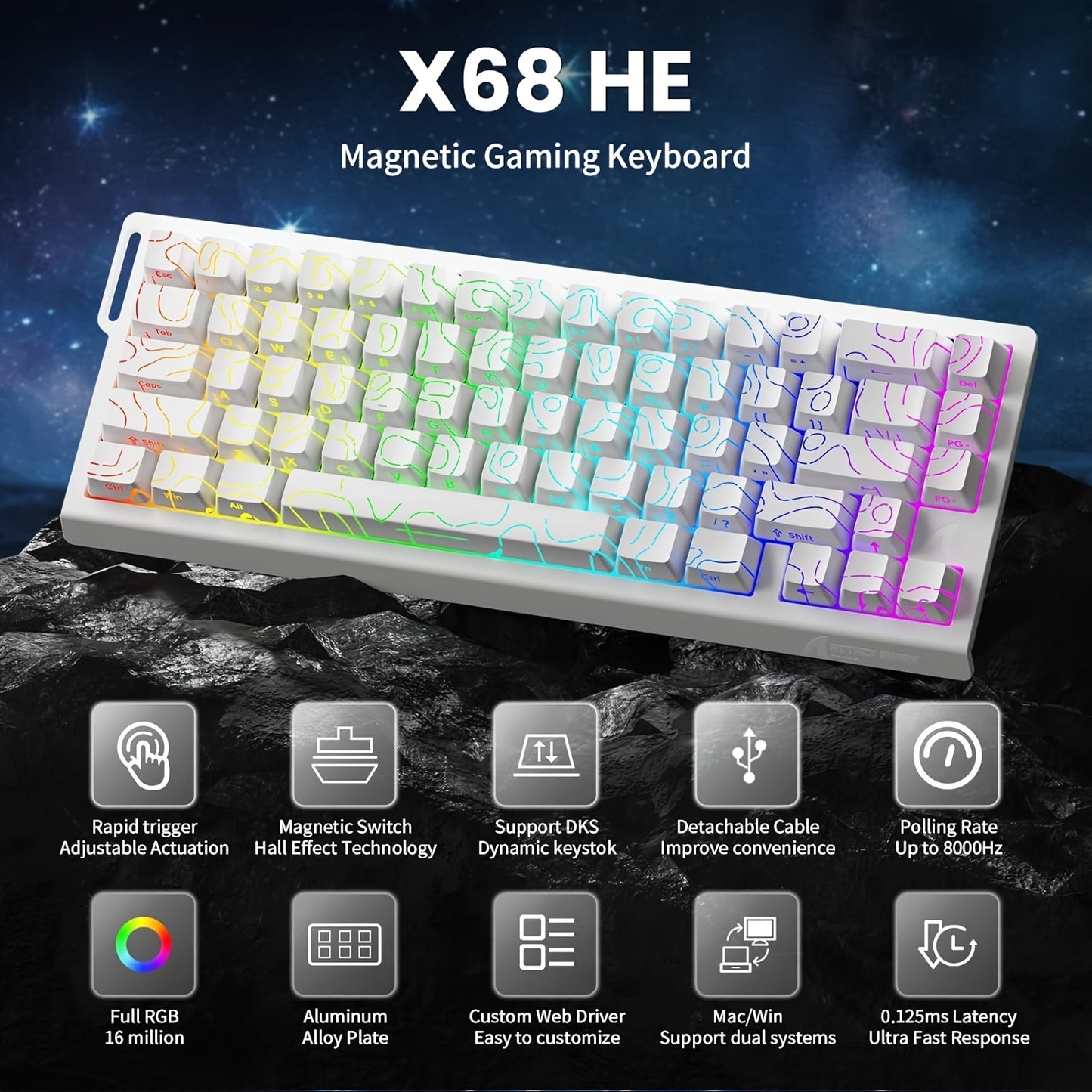 ATTACK SHARK X68HE Magnetic Gaming Keyboard - 60% RGB Backlit, 8KHz Magnetic Response