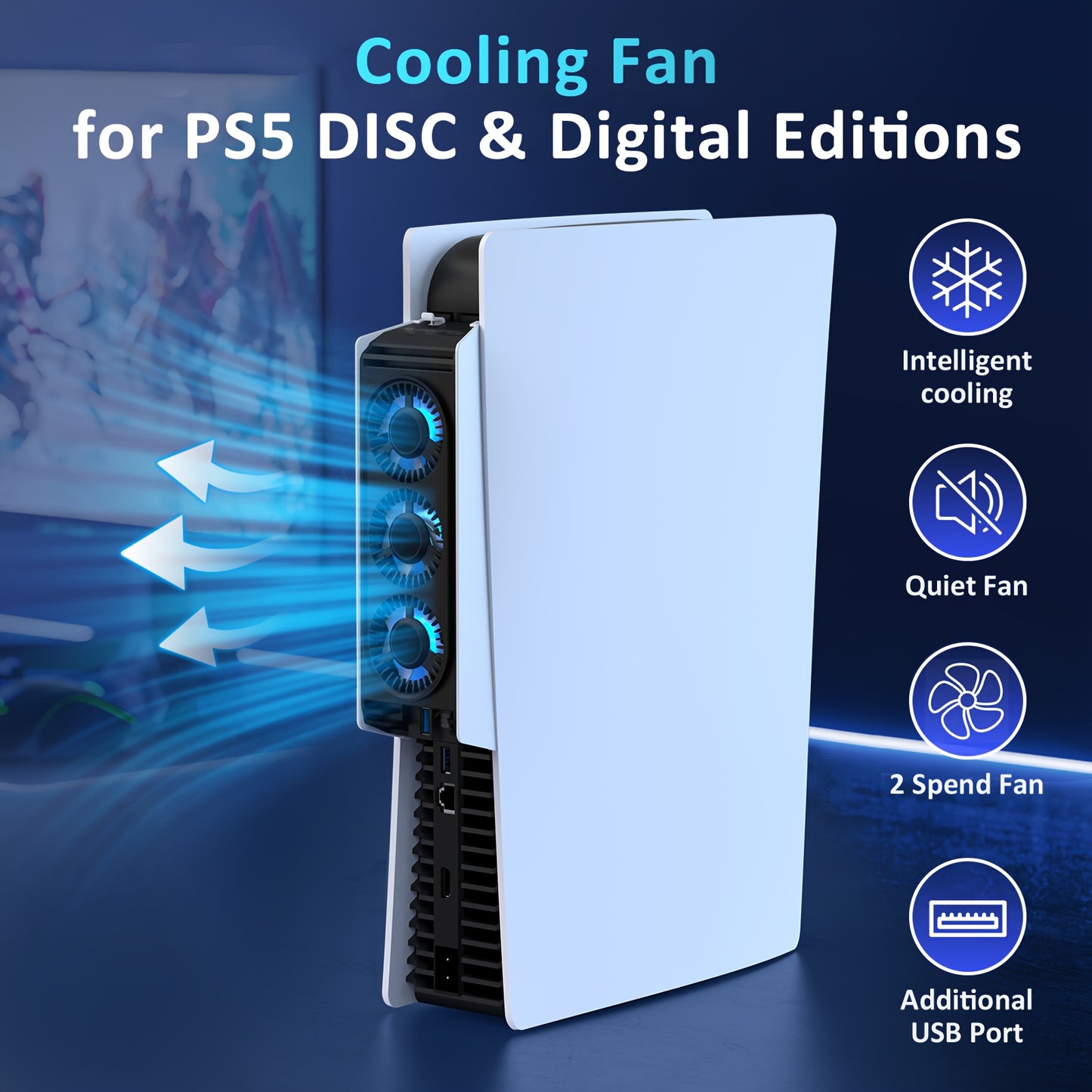 IINE PS5 Temperature-Controlled Cooling Fan with USB 3.0 Hub, Compatible with PS5 Disc & Digital Versions