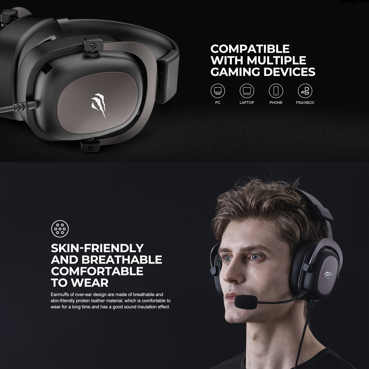 HAVIT Gaming Headset, Use Protein Leather Earmuffs, Detachable Microphone.