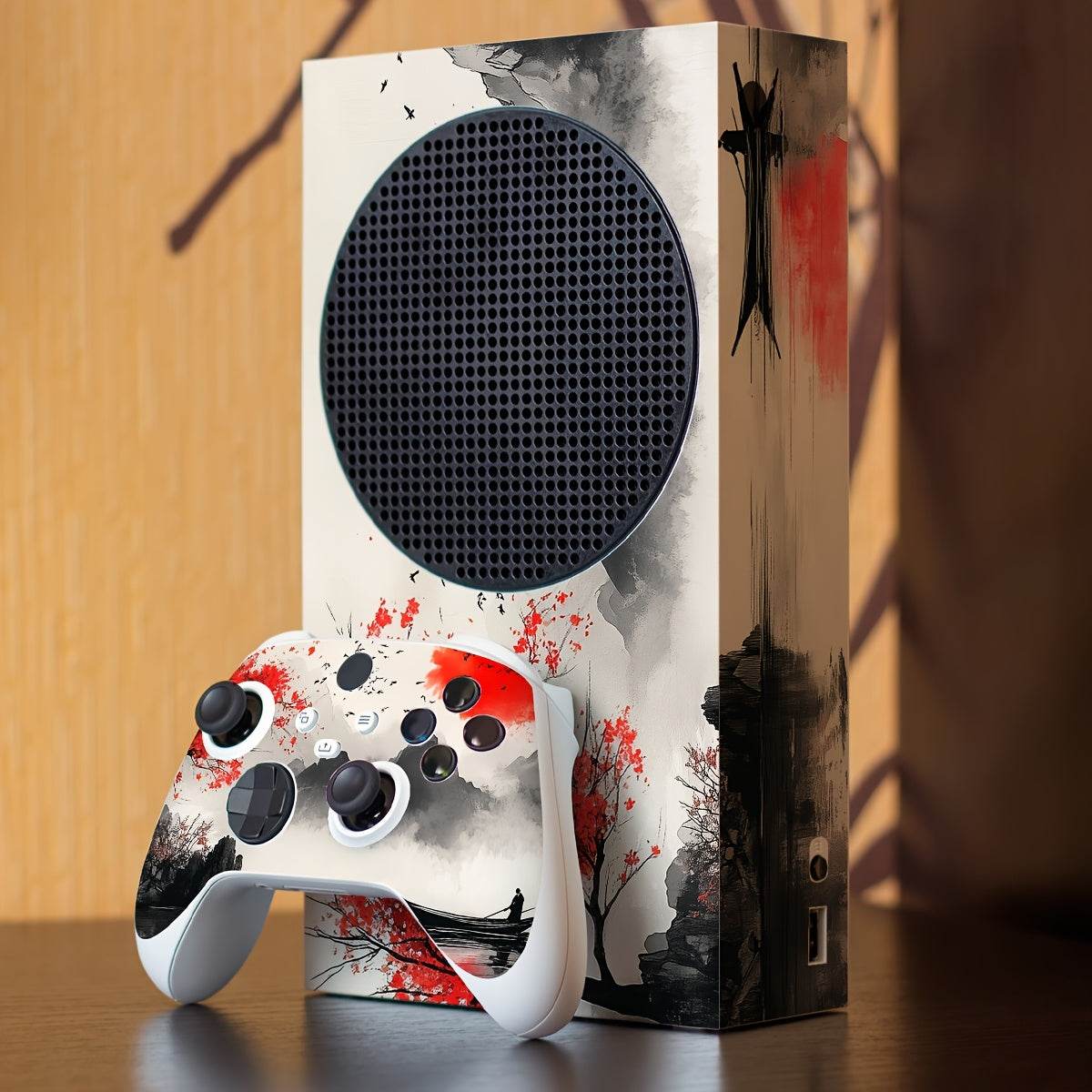 Xbox Series S Skin - Vibrant Red & Black Gaming Controller Design with Butterfly & Feather Motifs.