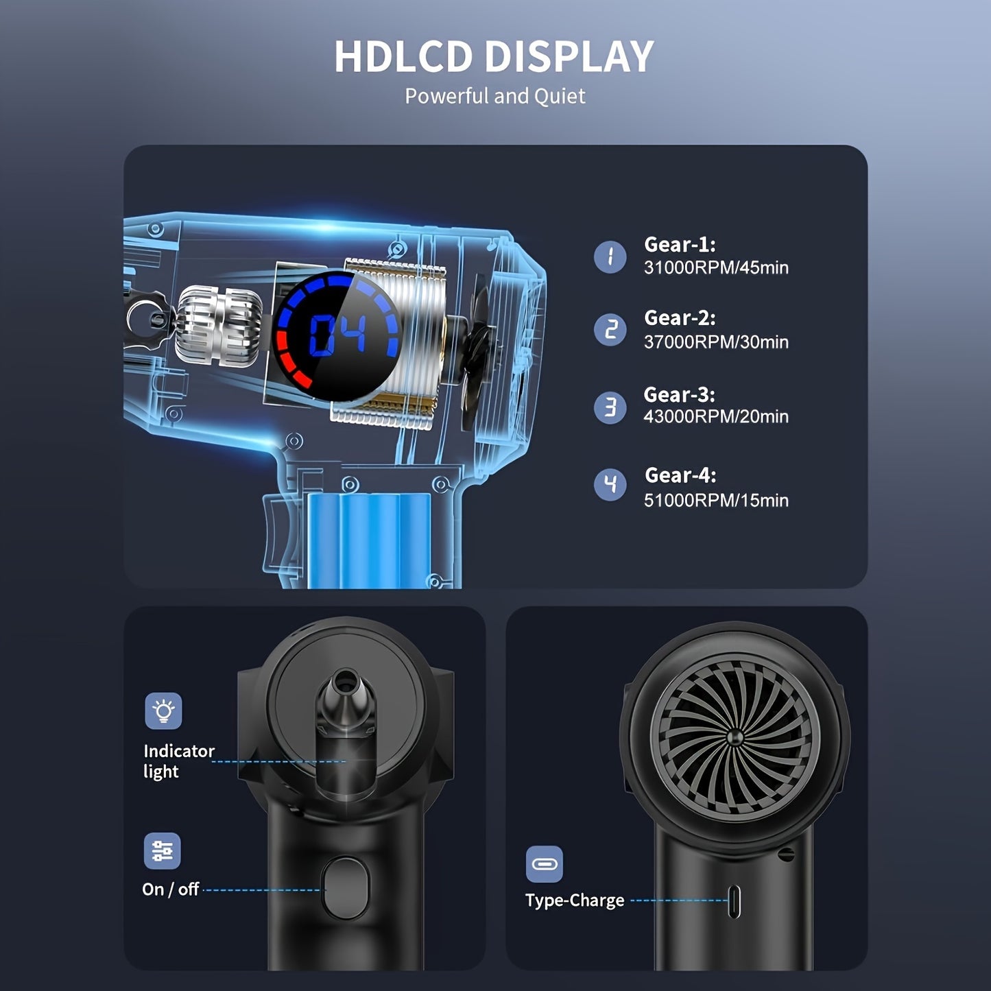 Cordless Electric Air Duster with 51000 RPM High-Power Blower, 4-Speed Adjustable & LCD Display, 3000mAh