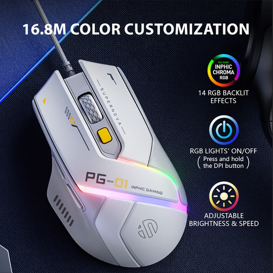 1pc INPHIC PG1 Wired Gaming Mouse, Ergonomic Design, Macro Programming,