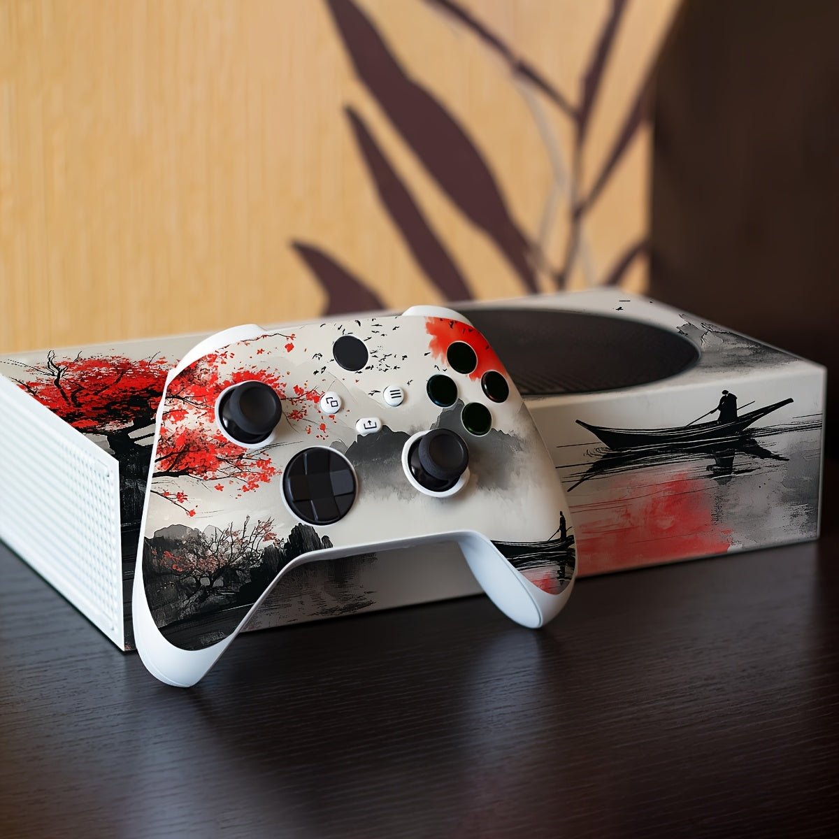 Xbox Series S Skin - Vibrant Red & Black Gaming Controller Design with Butterfly & Feather Motifs.