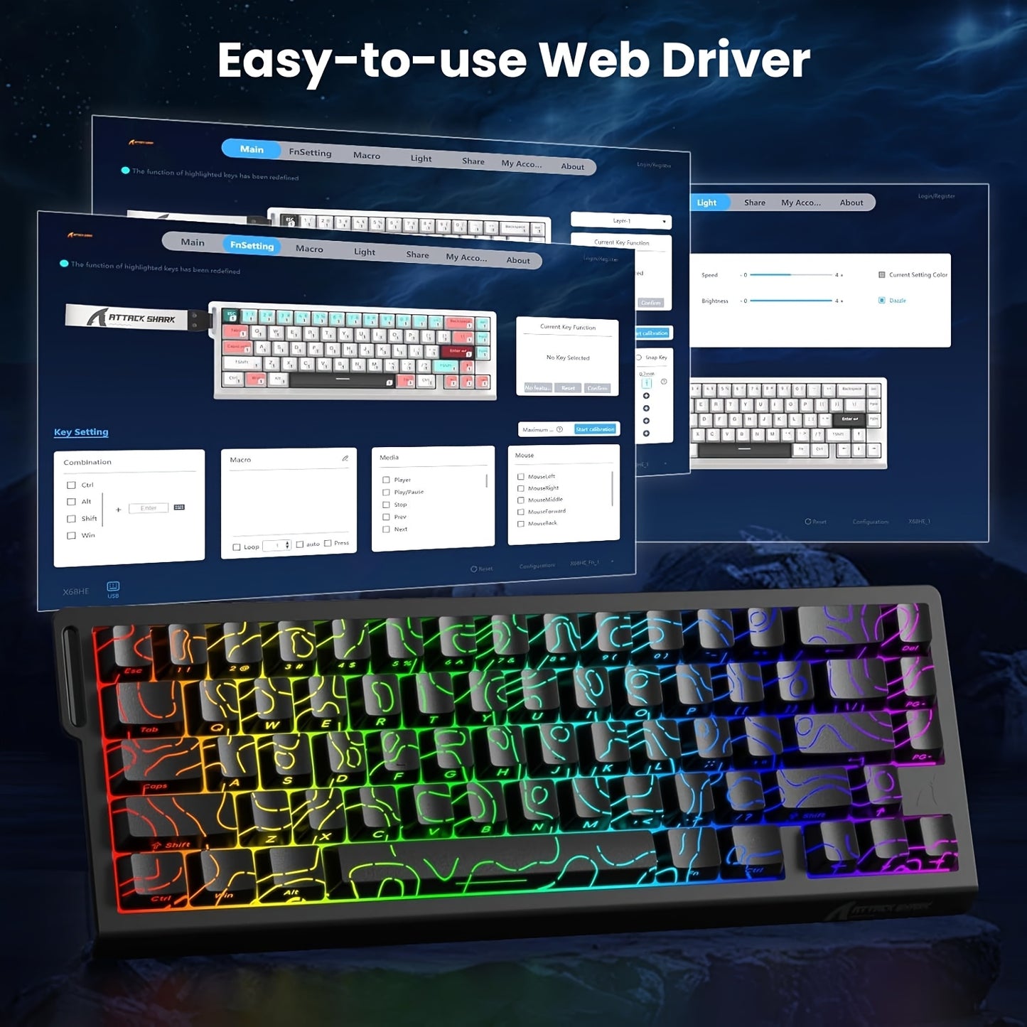 ATTACK SHARK X68HE Magnetic Gaming Keyboard - 60% RGB Backlit, 8KHz Magnetic Response