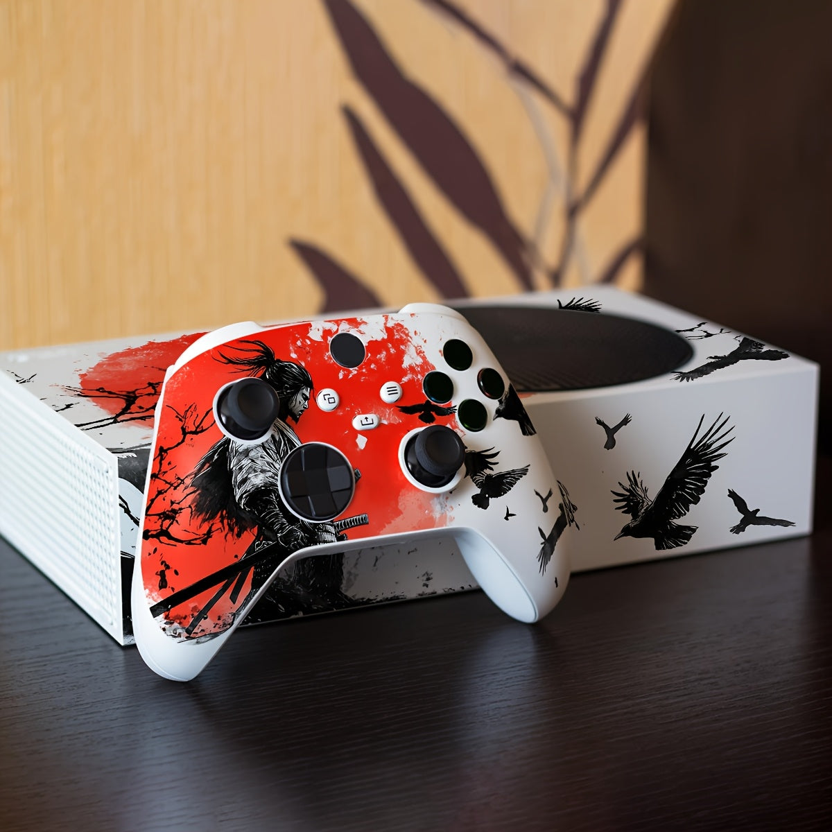 Xbox Series S Skin - Vibrant Red & Black Gaming Controller Design with Butterfly & Feather Motifs.