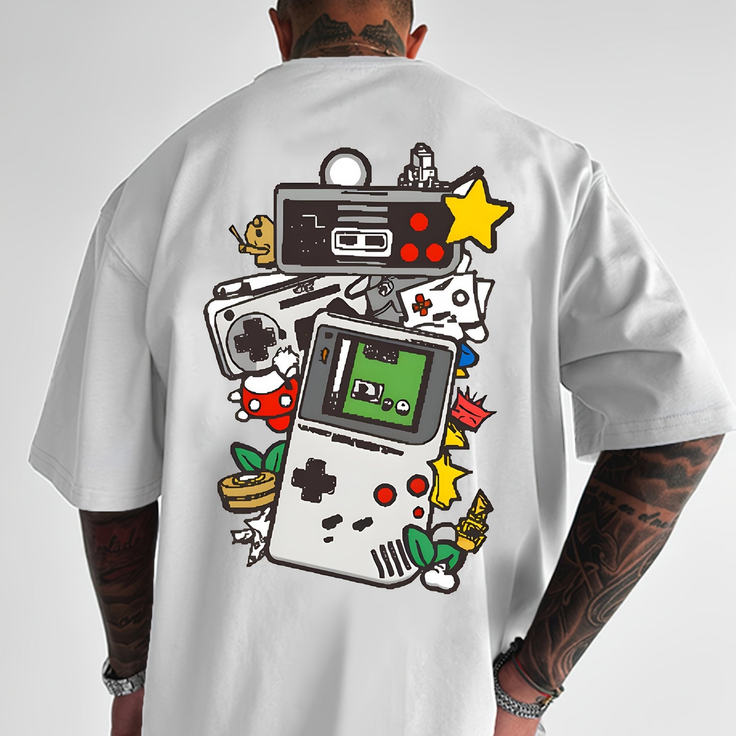 Men'S Retro Gaming T-Shirt - Light Blue Vintage Console Graphic Tee with Mario, Luigi, Yoshi -