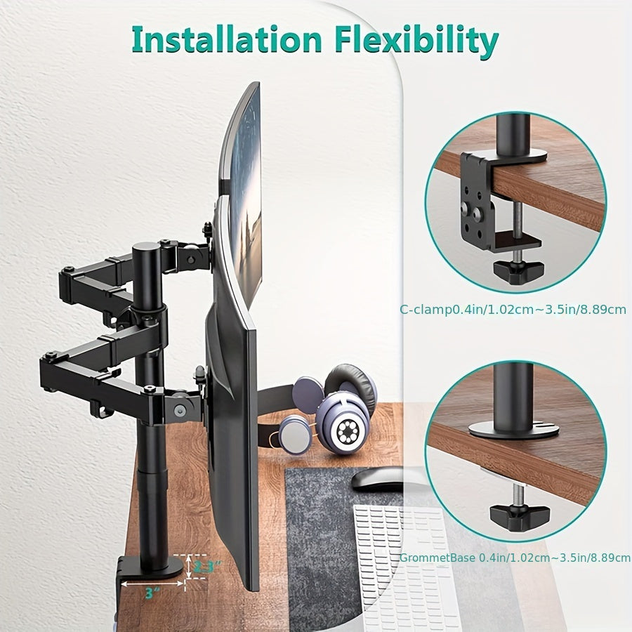 Adjustable Dual Monitor Stand with Tilt & Swivel - Iron Desk Mount for Two 33.02-81.28 cm Screens,
