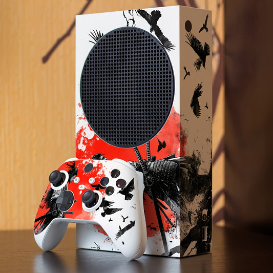 Xbox Series S Skin - Vibrant Red & Black Gaming Controller Design with Butterfly & Feather Motifs.