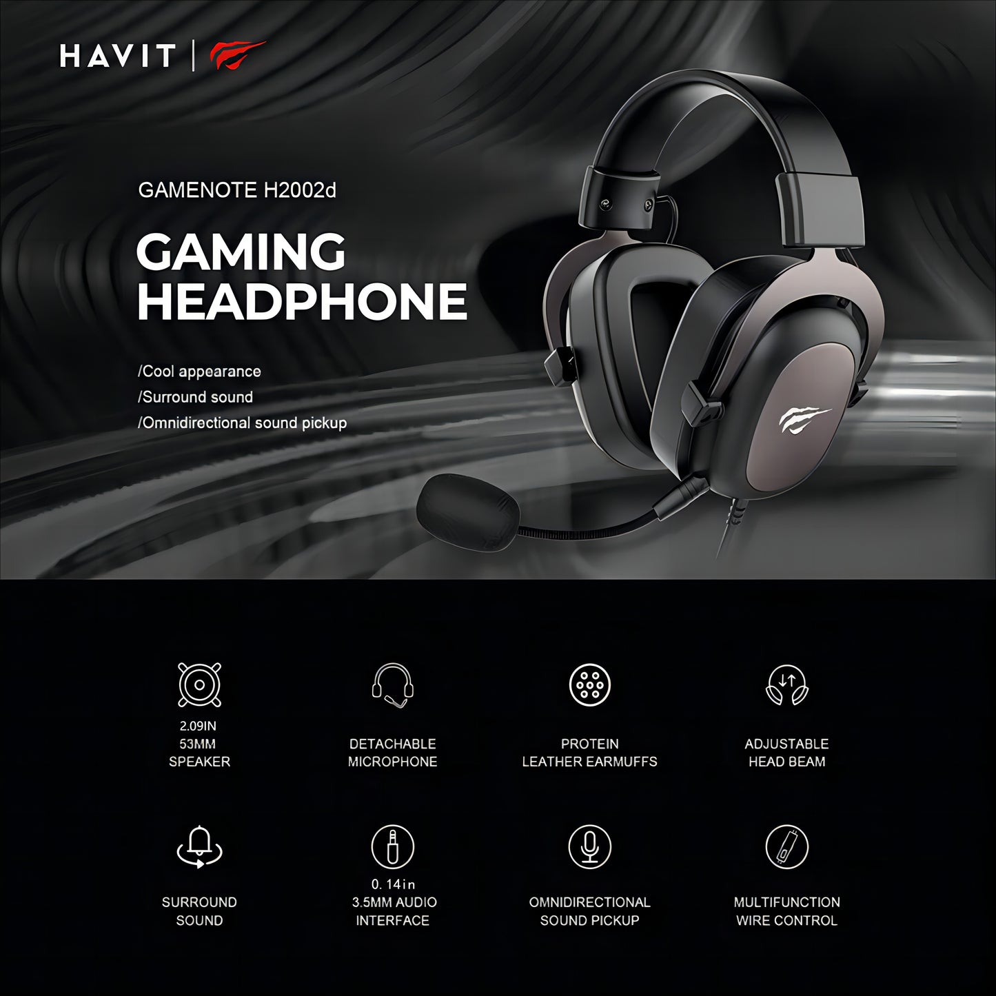 HAVIT Gaming Headset, Use Protein Leather Earmuffs, Detachable Microphone.