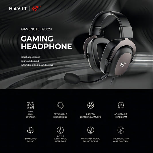 HAVIT Gaming Headset, Use Protein Leather Earmuffs, Detachable Microphone.