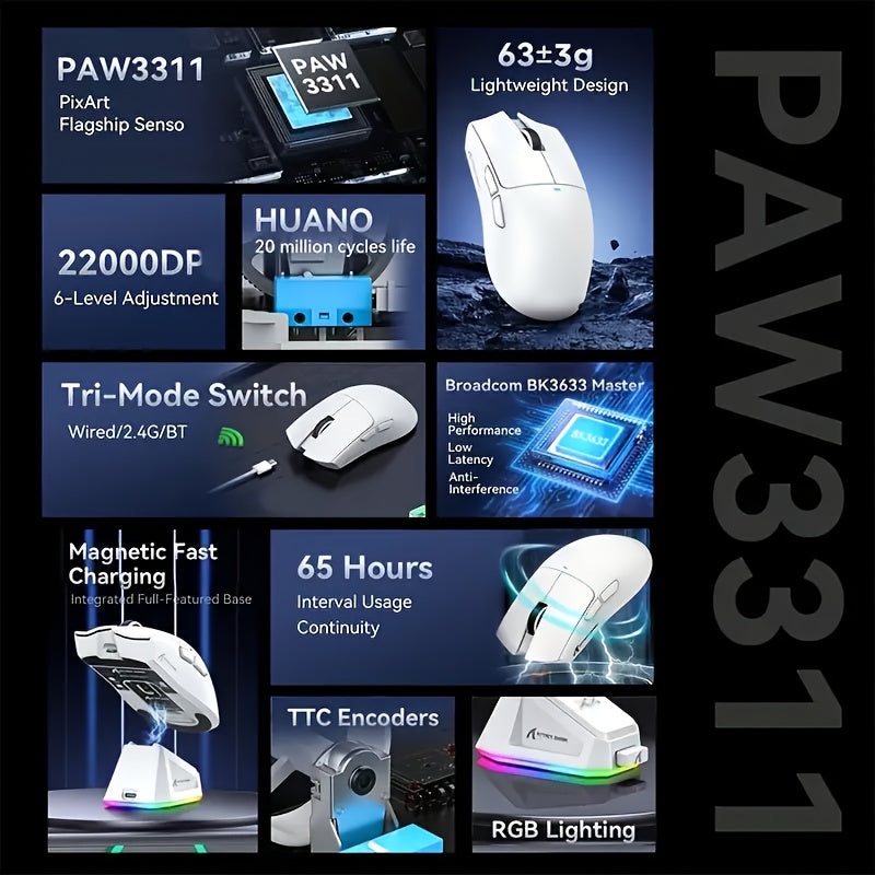 ATTACK SHARK X11 Wireless Gaming Mouse with RGB Magnetic Charging Dock, PixArt PAW3311 Sensor