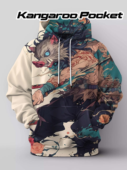 Anime Character Print Hoodie, Cool Hoodies for Men, Men's Casual Graphic Design Pullover