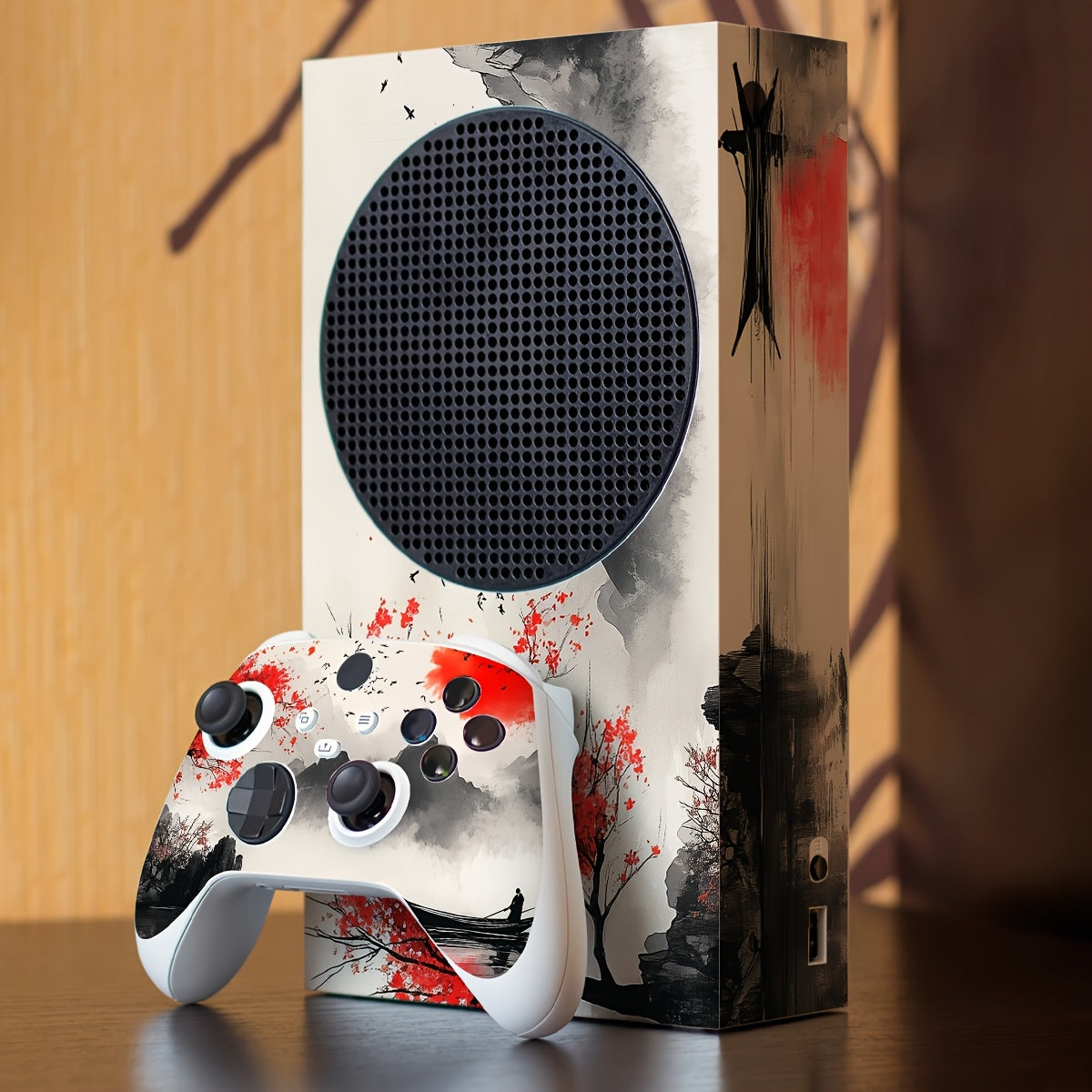 Xbox Series S Skin - Vibrant Red & Black Gaming Controller Design with Butterfly & Feather Motifs.