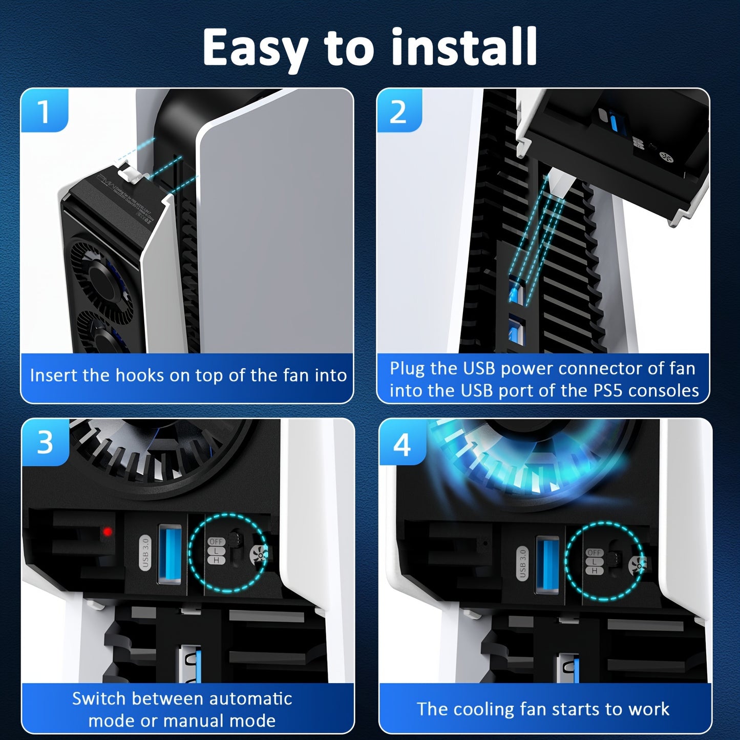 IINE PS5 Temperature-Controlled Cooling Fan with USB 3.0 Hub, Compatible with PS5 Disc & Digital Versions