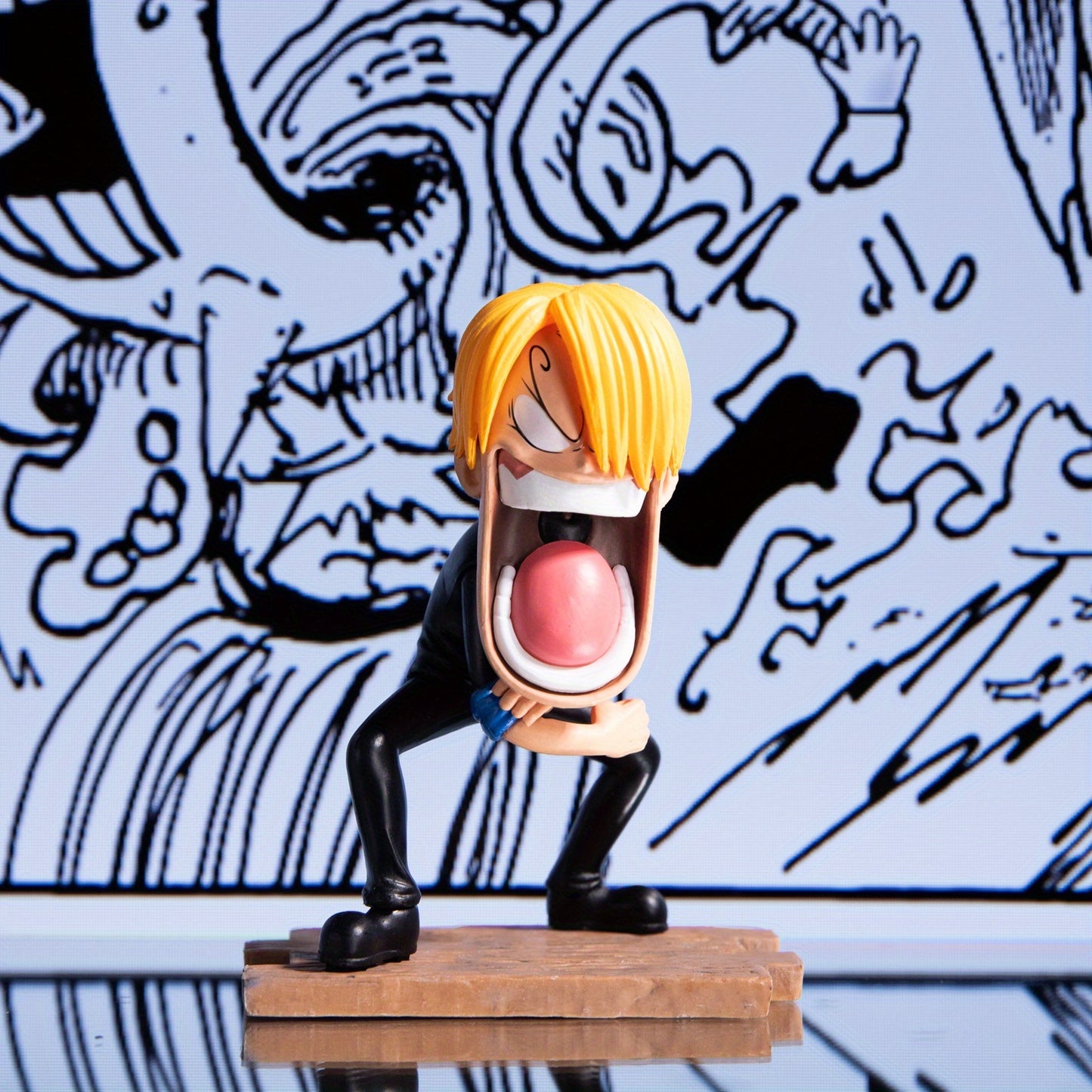 A set of 3 anime-related figurines, a three-person statue accessory,