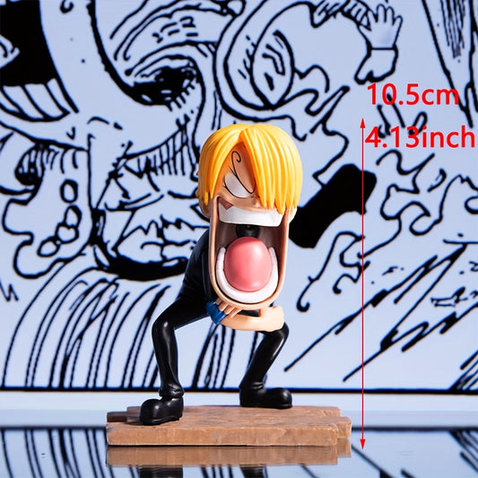 A set of 3 anime-related figurines, a three-person statue accessory,