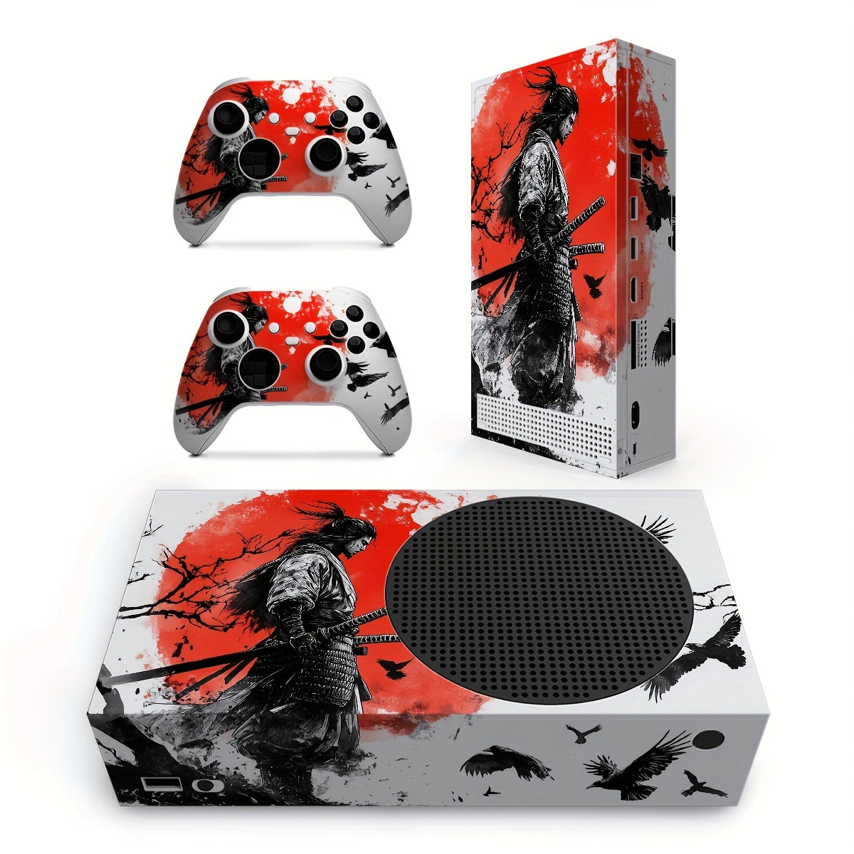 Xbox Series S Skin - Vibrant Red & Black Gaming Controller Design with Butterfly & Feather Motifs.