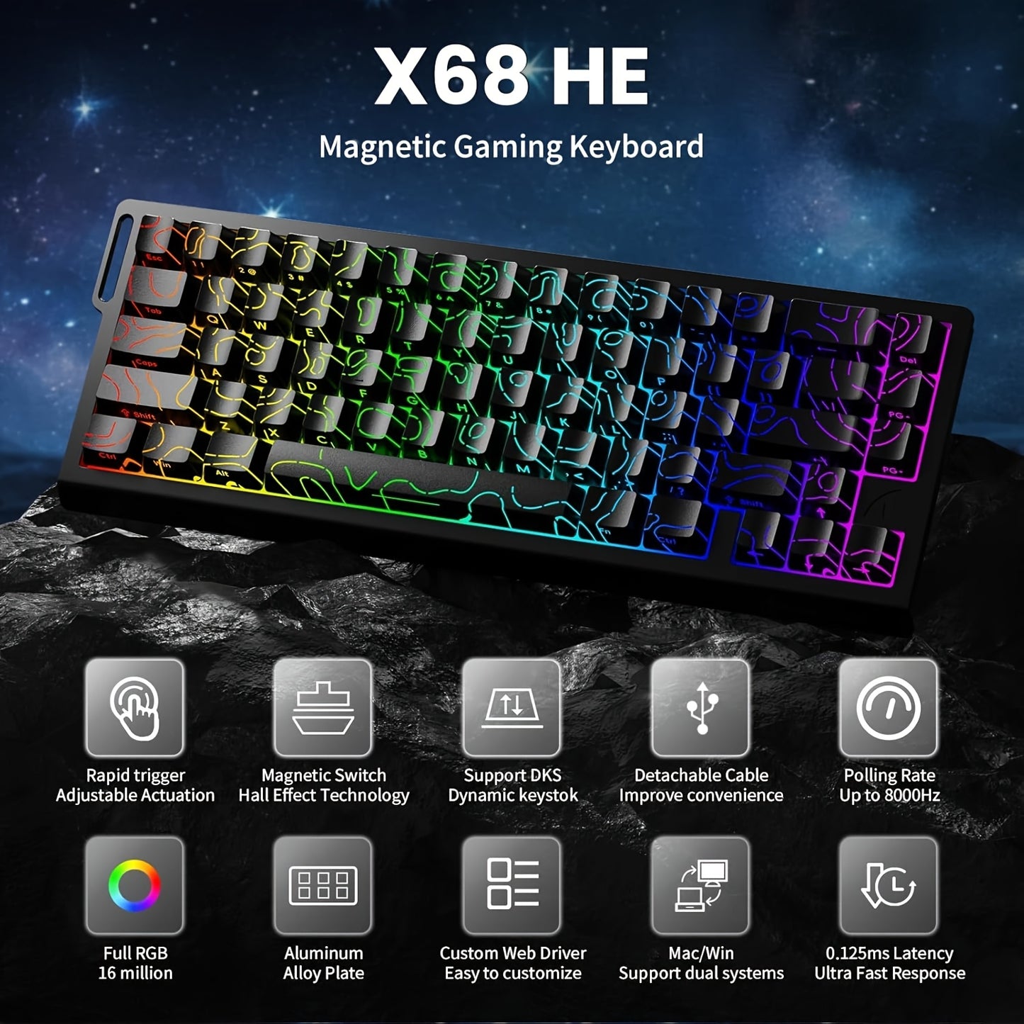 ATTACK SHARK X68HE Magnetic Gaming Keyboard - 60% RGB Backlit, 8KHz Magnetic Response