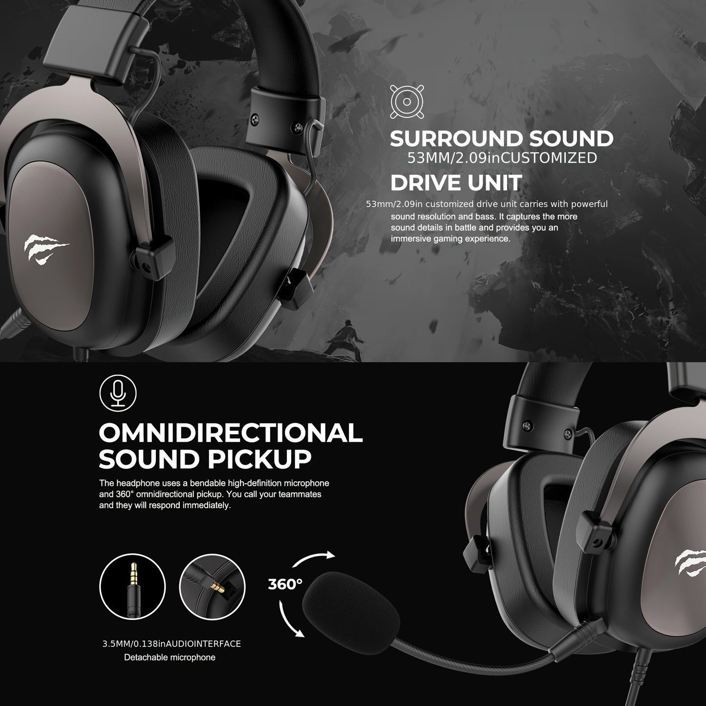HAVIT Gaming Headset, Use Protein Leather Earmuffs, Detachable Microphone.