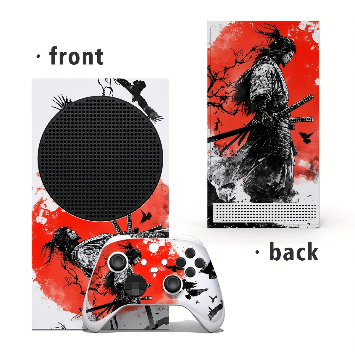 Xbox Series S Skin - Vibrant Red & Black Gaming Controller Design with Butterfly & Feather Motifs.