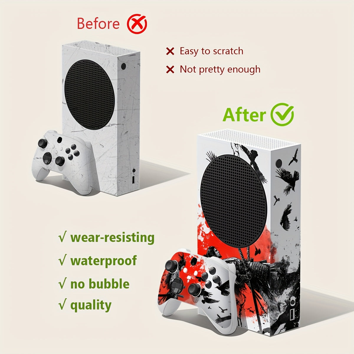 Xbox Series S Skin - Vibrant Red & Black Gaming Controller Design with Butterfly & Feather Motifs.