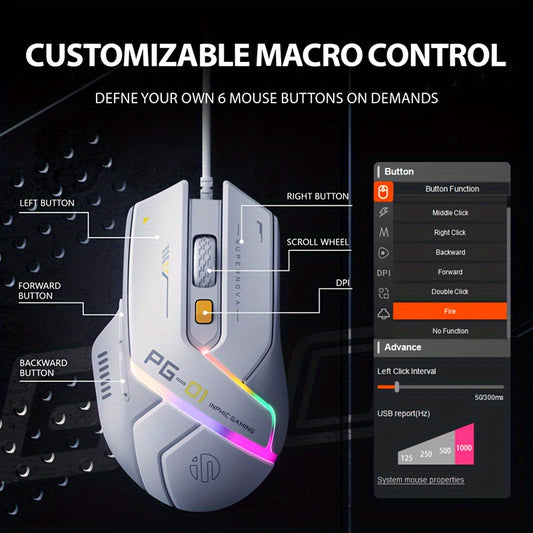 1pc INPHIC PG1 Wired Gaming Mouse, Ergonomic Design, Macro Programming,