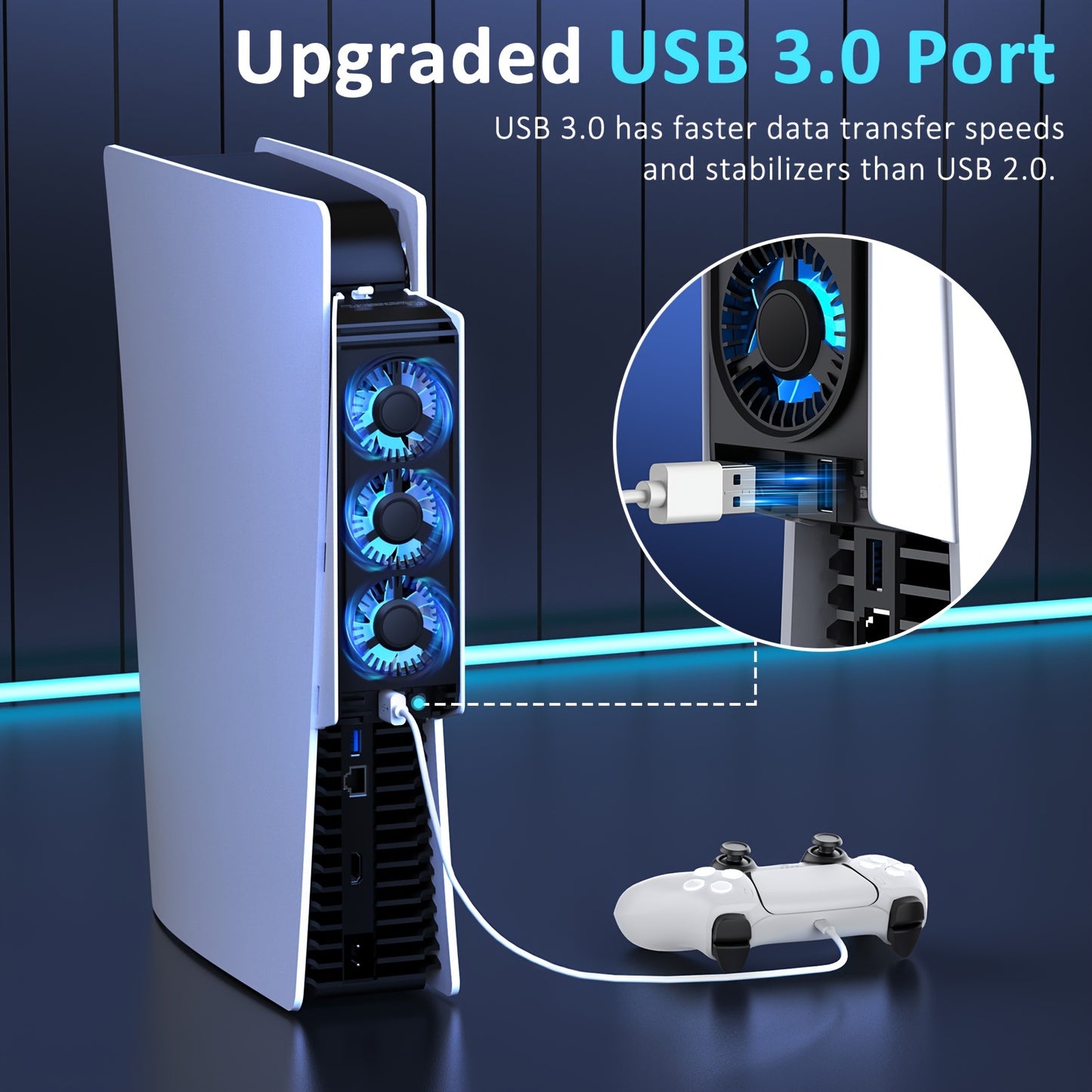 IINE PS5 Temperature-Controlled Cooling Fan with USB 3.0 Hub, Compatible with PS5 Disc & Digital Versions