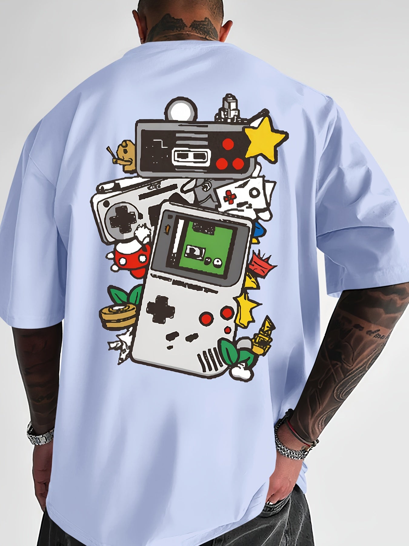 Men'S Retro Gaming T-Shirt - Light Blue Vintage Console Graphic Tee with Mario, Luigi, Yoshi -